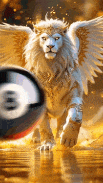 a white lion with wings and a crown is standing next to a pool ball .