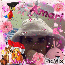 a picture of a girl surrounded by cartoon characters and the words she her on the bottom right