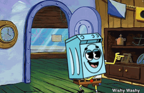 a cartoon of spongebob wearing a washing machine with the words wishy washy below him