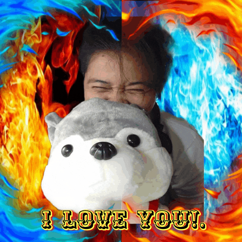 a picture of a person holding a stuffed animal with the words i love you