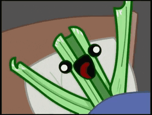 a cartoon drawing of a celery stick laying in bed with its arms outstretched