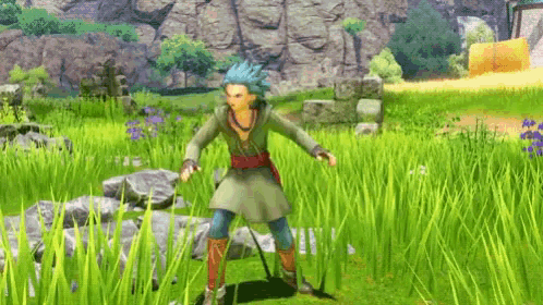 a video game character with blue hair is standing in a field of tall grass