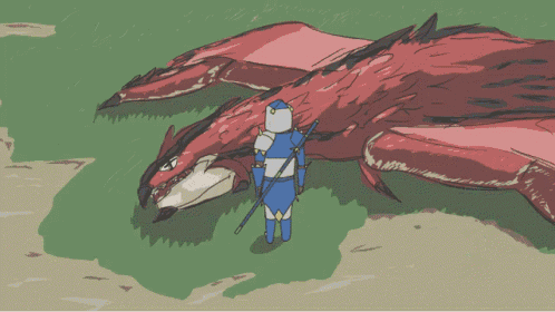 a cartoon drawing of a man standing next to a large red dragon