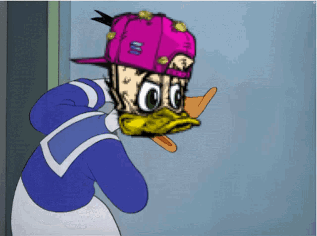 a cartoon of donald duck with a pink hat on