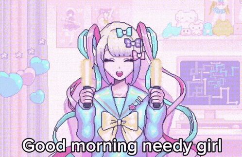 a pixel art of a girl with a bow on her head and the words " good morning needy girl "