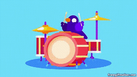 a penguin is playing the drums in a band .
