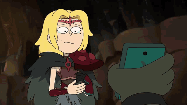 a cartoon of a woman holding a mushroom and a cell phone