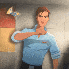 a man in a blue shirt with snw on his chest