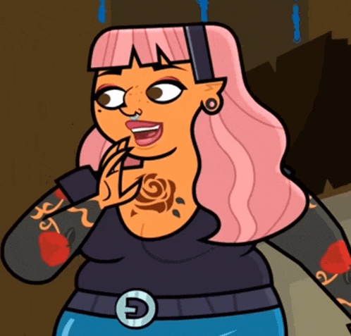 a cartoon character with pink hair and a belt that says g