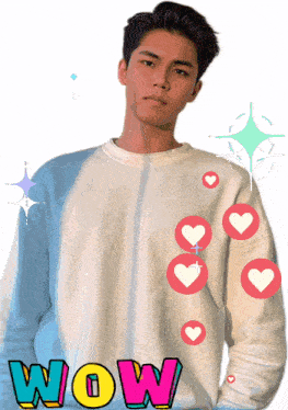 a man wearing a blue and white sweater with the word wow on the front