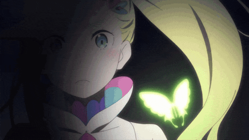 a girl with blonde hair and blue eyes is looking at a butterfly
