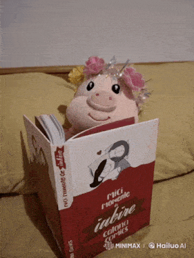 a stuffed pig is reading a book titled " mii momente de iubire " by cottona comics