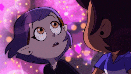 a cartoon girl with purple hair is looking up at a boy with a blue shirt .