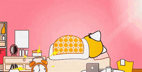 a cartoon of a cat laying on a bed with an alarm clock and the words hora de levantarse above it