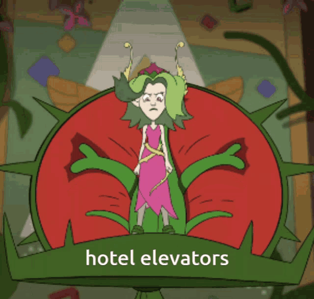 a cartoon of a girl with green hair and the words hotel elevators