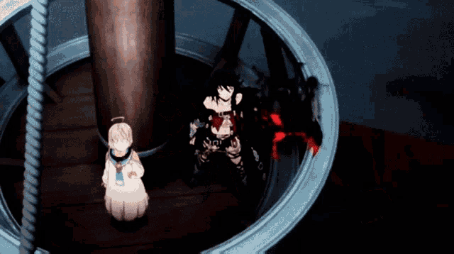 a couple of anime characters standing next to each other in a room
