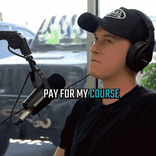 a man wearing headphones and a hat with the words pay for my course above him