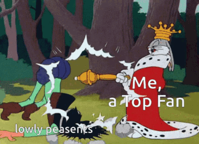 a cartoon of a king holding a torch with the words me a top fan below it