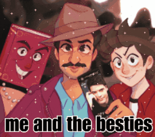 a cartoon of a man holding a cell phone with the words " me and the besties " below him