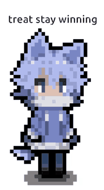 a pixel art drawing of a wolf with the words treat stay winning above it