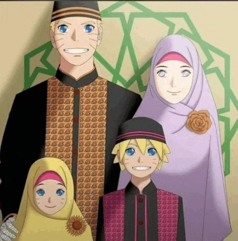 a cartoon of a muslim family posing for a picture together .