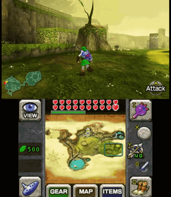 a screenshot of a video game with hearts on the screen and the word attack at the top