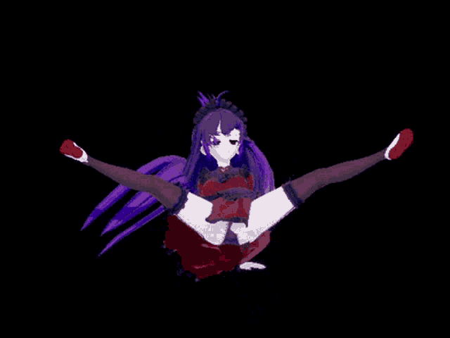 a computer generated image of a purple haired anime girl with red shoes