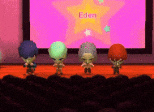 a group of cartoon characters are dancing in front of a screen that says eden