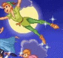 a pixel art of peter pan flying through the air .
