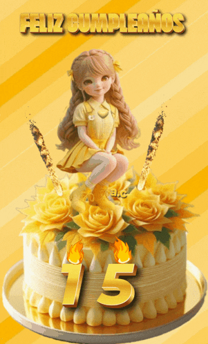a birthday cake with the number 15 and a girl on top