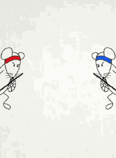 a drawing of two mice wearing headbands and holding wheels