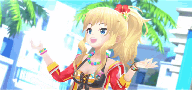 a girl with blonde hair and a flower in her hair is standing in front of palm trees