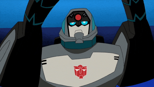 a transformer with a red and white logo on his chest