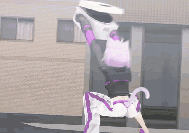 a cartoon character is doing a handstand while holding a white object