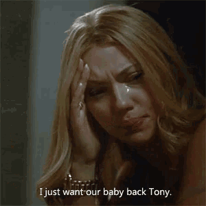 a woman is crying with the words " i just want our baby back tony " below her