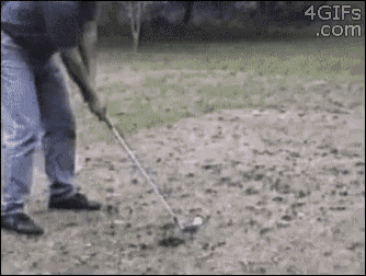a man is swinging a golf club at a golf ball while a gif is displayed below him
