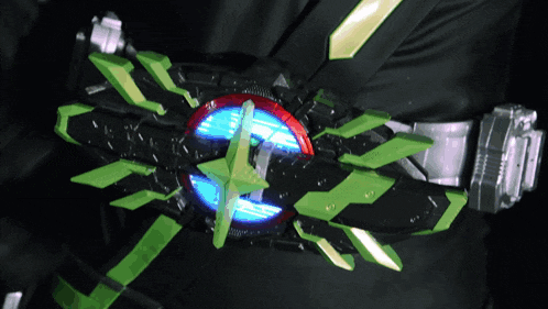 a person wearing a black and green belt with a blue light coming out of the center