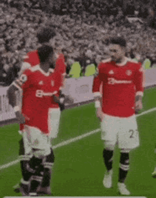 a group of soccer players are dancing on a soccer field .