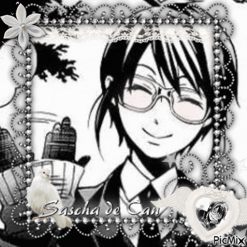 a black and white picture of a boy with glasses and the name sascha de cam on the bottom