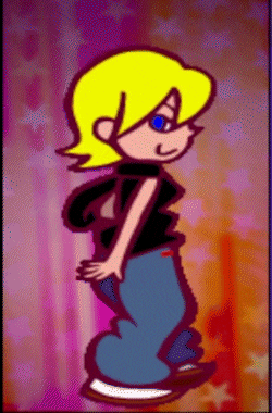 a cartoon drawing of a boy with blonde hair and blue eyes