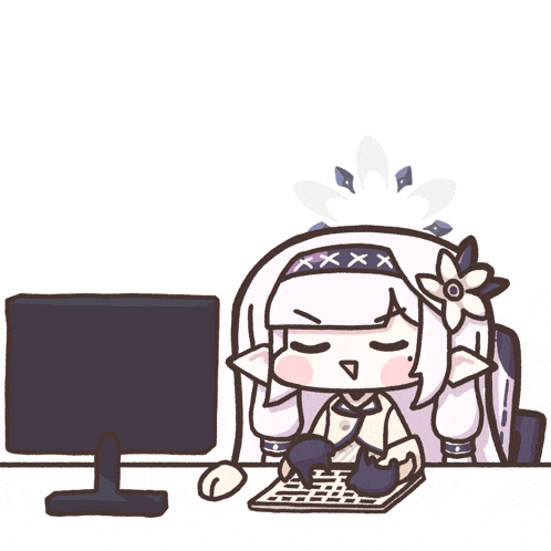 a cartoon of a girl sitting in front of a computer monitor