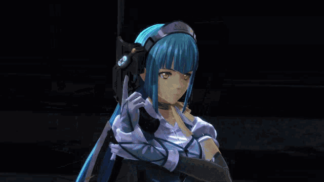 a girl with blue hair and a miss headband
