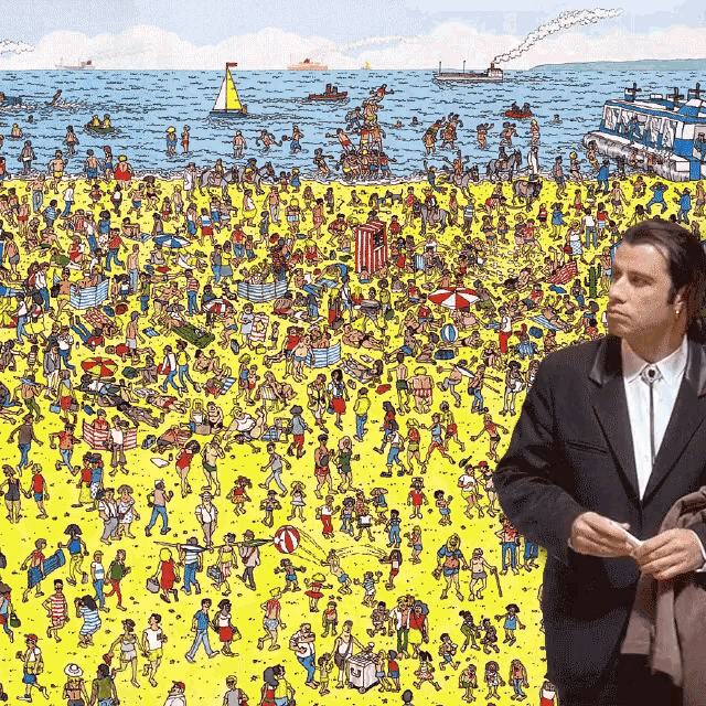 a man in a suit stands in front of a cartoon of a crowded beach