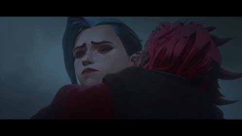 a woman with blue hair and a woman with red hair hugging each other