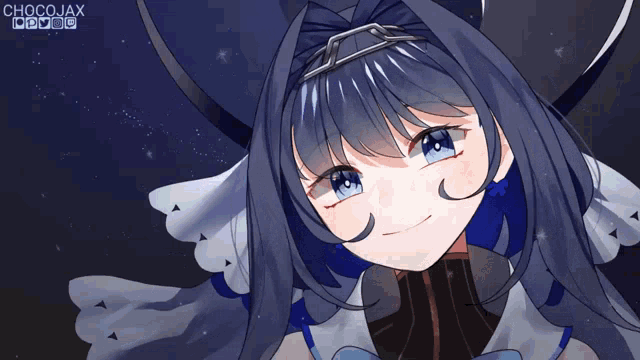 a drawing of a girl with blue hair and a chocojax name