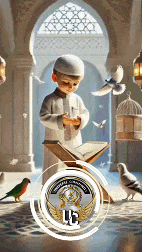 a painting of a boy praying in a mosque with the words universe community on it