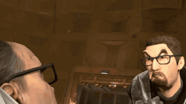a man with glasses is pointing at another man with a fake face