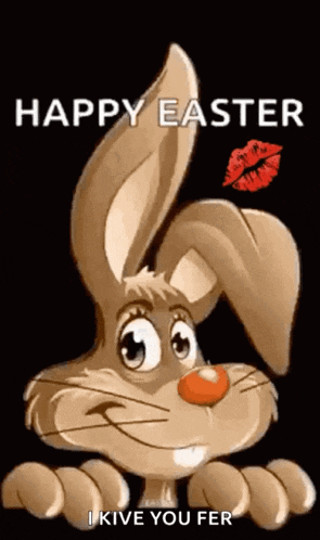 a cartoon easter bunny with a red kiss on its nose