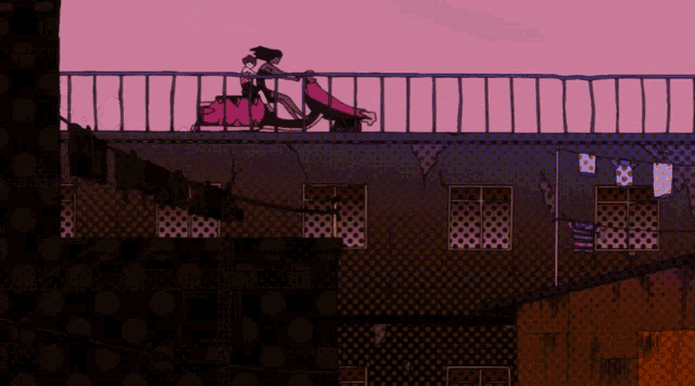 a cartoon drawing of a woman on a pink scooter
