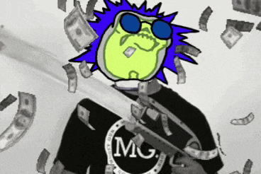 a cartoon character is holding a gun with the letter mg on his shirt